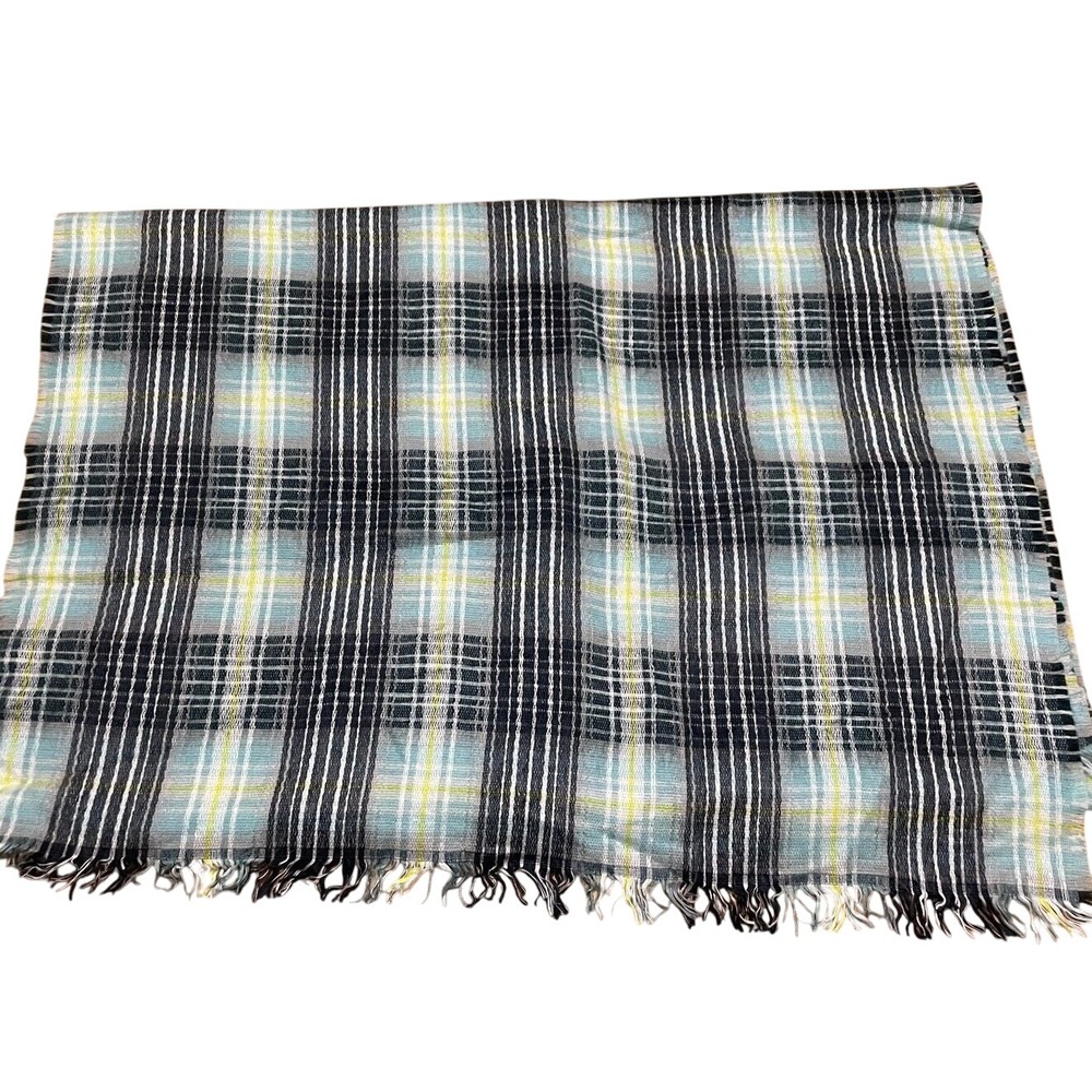 Loft Plaid Wrap Scarf Blue Grey Yellow Acrylic Modal Fringe Blanket 28x80‎ NWOT